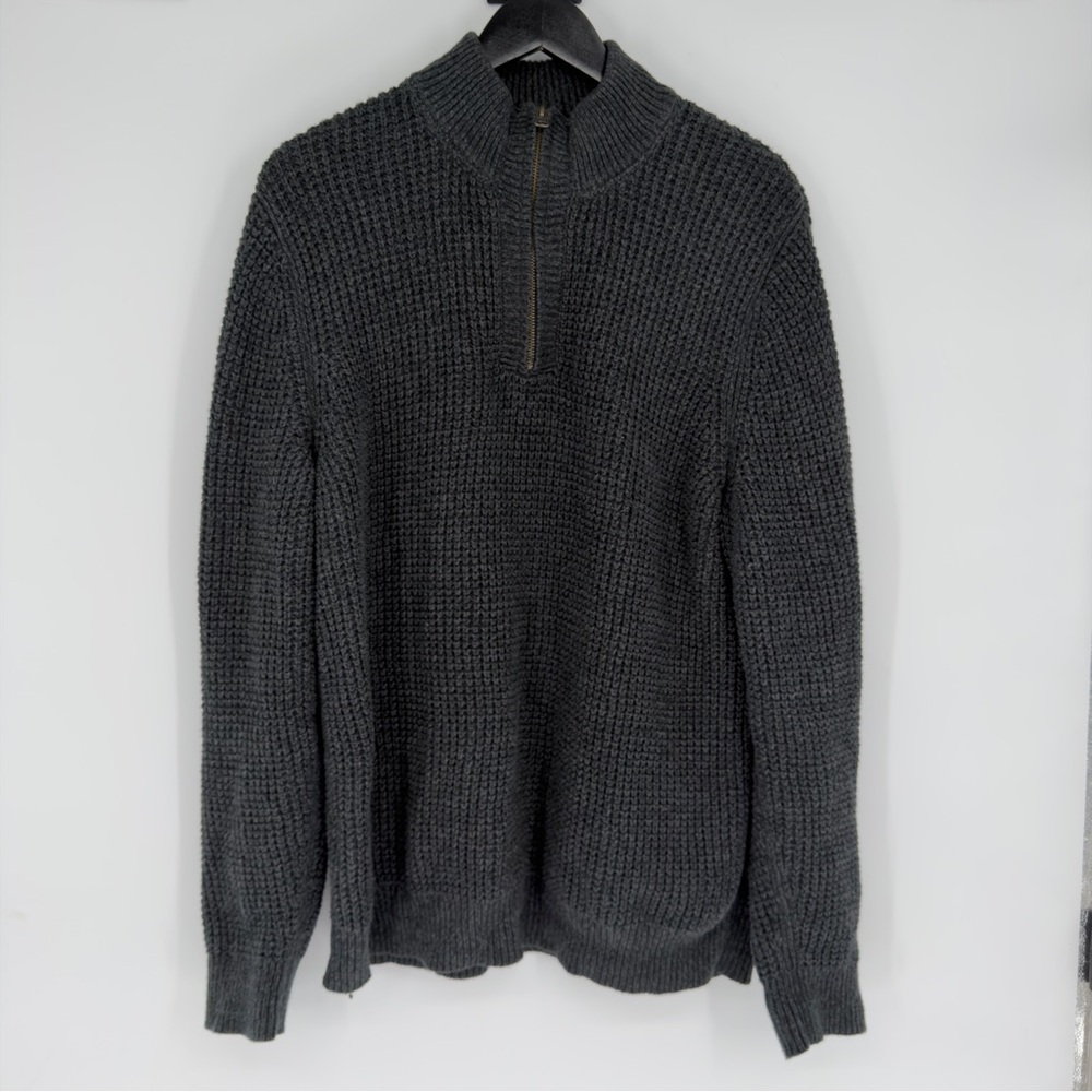 L.L. Bean Charcoal Gray Organic Cotton Waffle Knit Quarter Zip Sweater M Tall